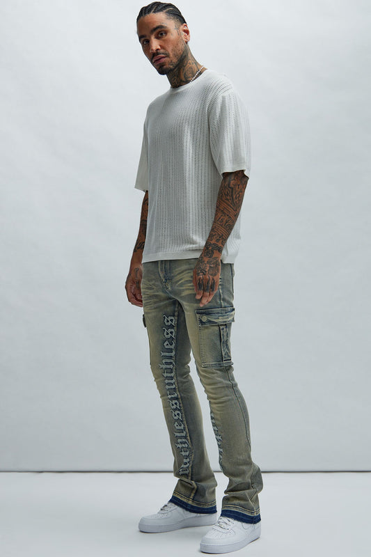 Ruthless Embroidered Stacked Skinny Cargo Flare Jeans - Medium Wash - image 2