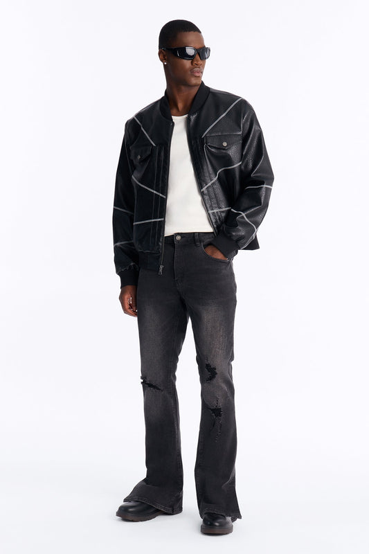 Stacked Skinny Flare Slit Dare Me Distressed Jean - Black Wash - image 2