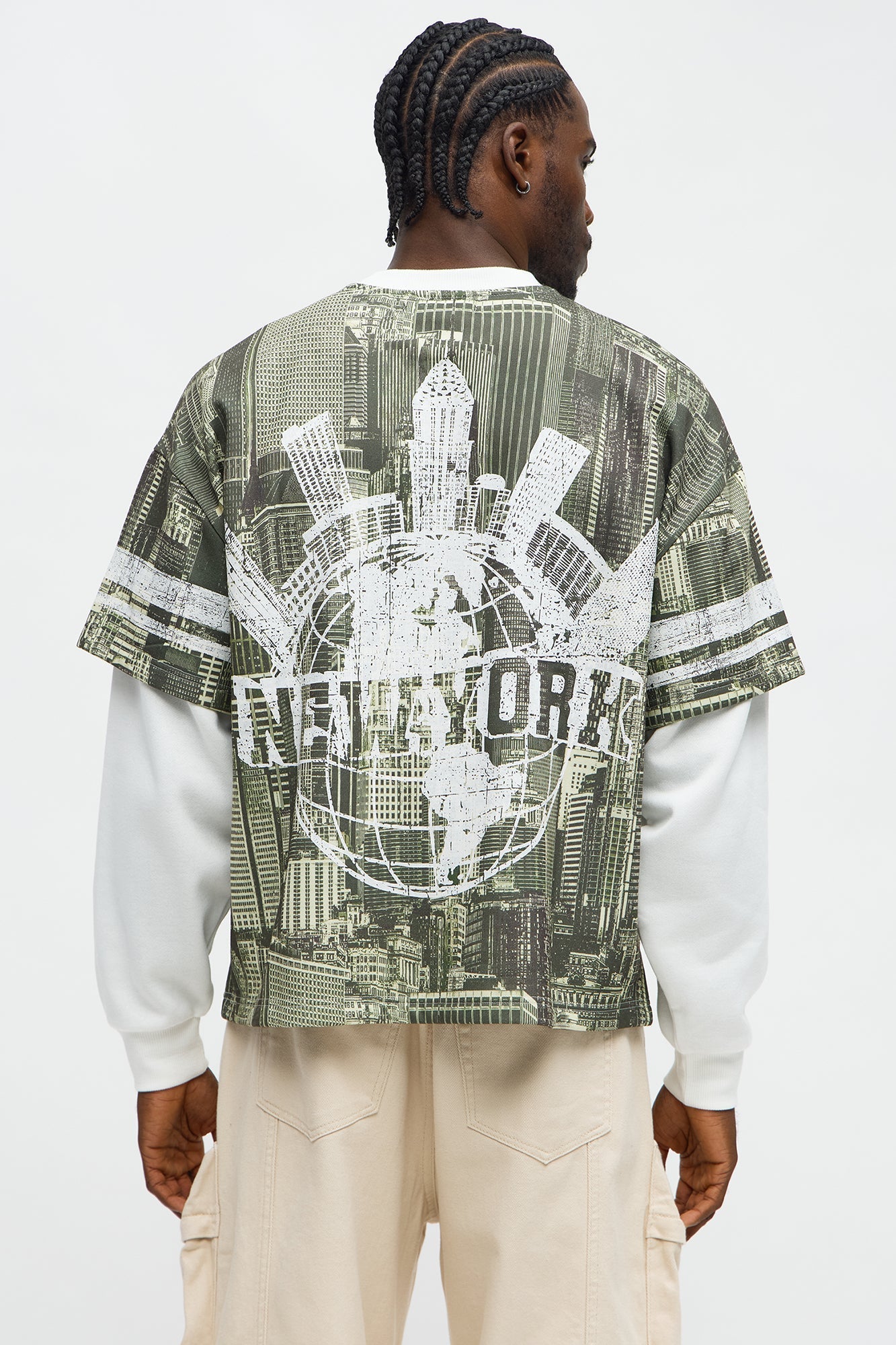 Oversized Concrete Jungle Skylines Long Sleeve Tee - Green/combo - image 4
