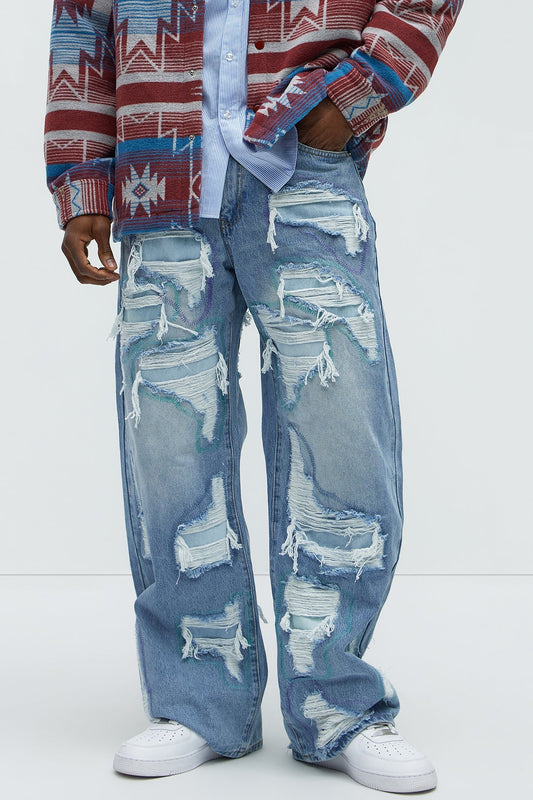 Worn All Over Distressed Baggy Jeans - Light Wash - image 2