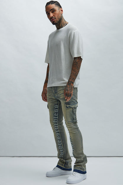 Ruthless Embroidered Stacked Skinny Cargo Flare Jeans - Medium Wash - image 2
