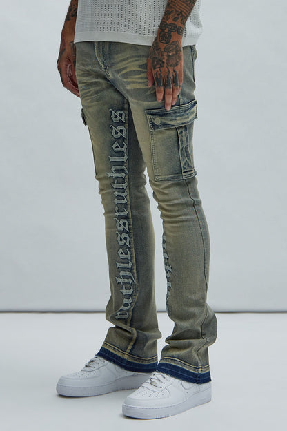 Ruthless Embroidered Stacked Skinny Cargo Flare Jeans - Medium Wash - image 1
