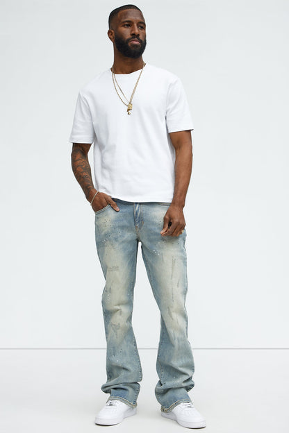 Ripped And Bleach Splatter Stacked Slim Flare Jeans - Light Blue Wash - image 2