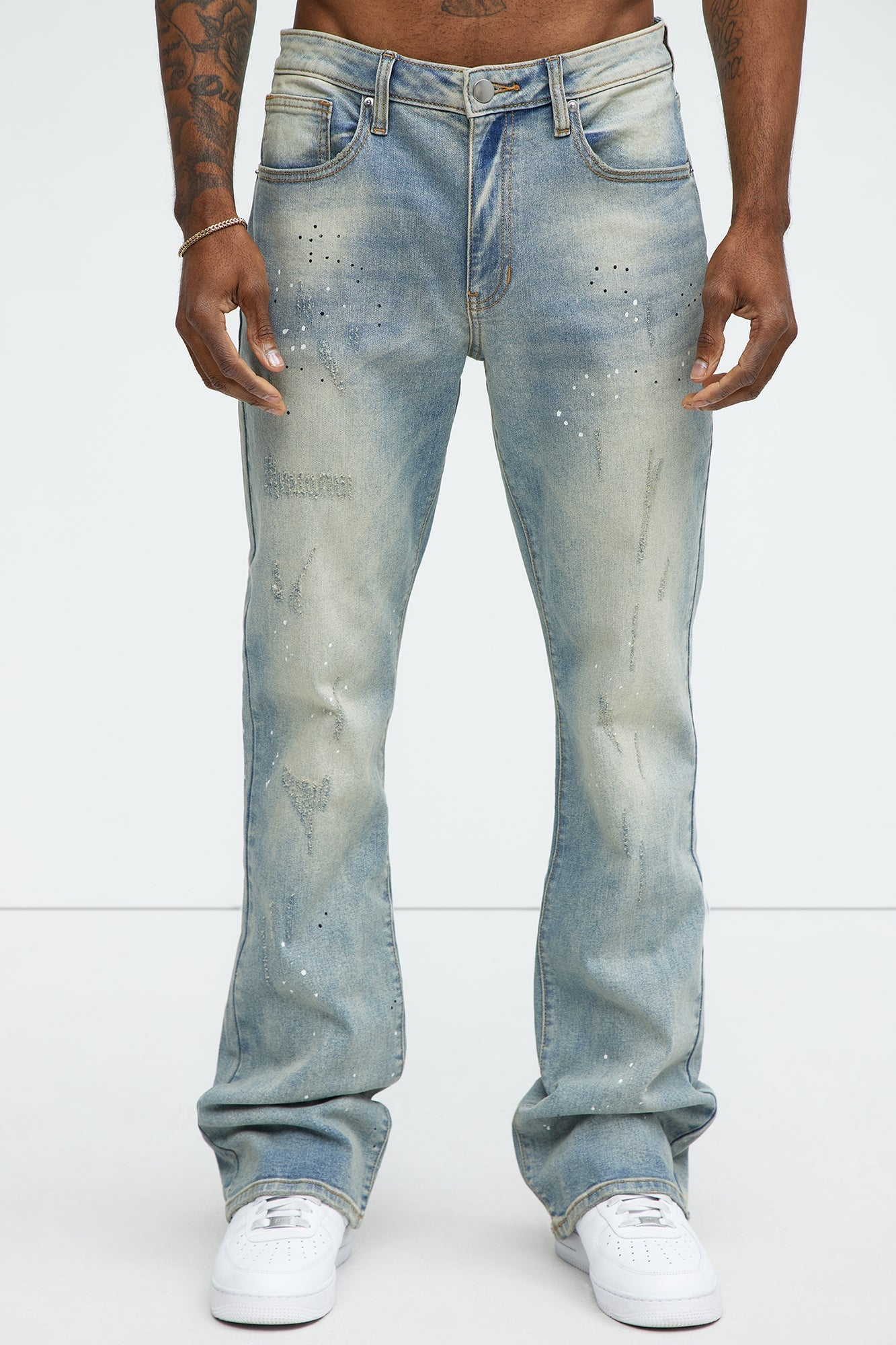 Ripped And Bleach Splatter Stacked Slim Flare Jeans - Light Blue Wash - image 3