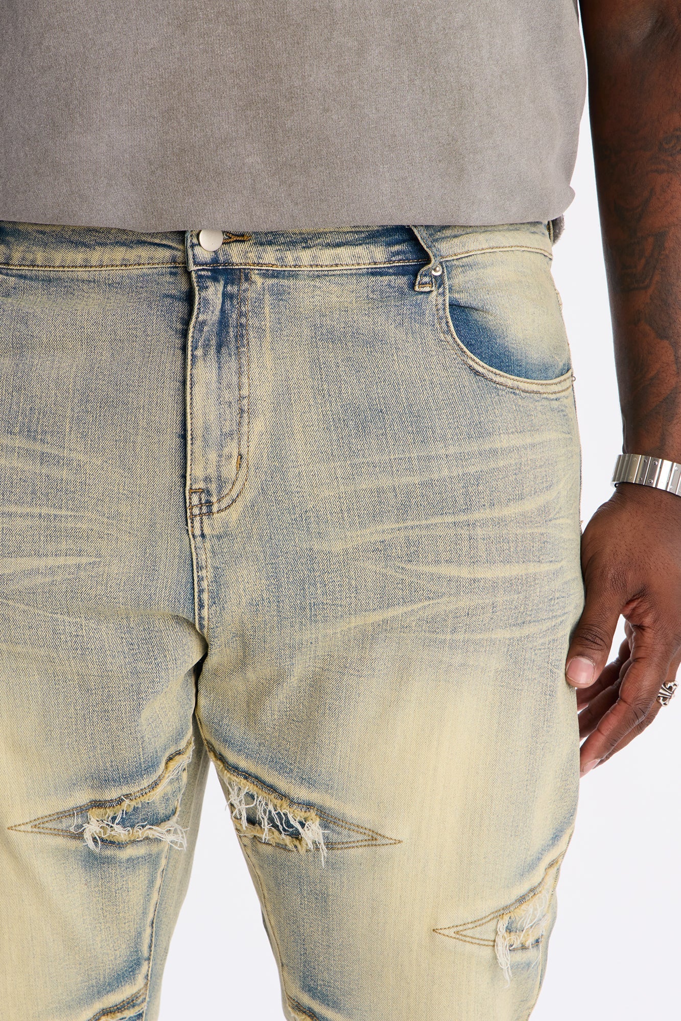 Stacked Skinny Flare Triangle Fray Jeans - Light Wash - image 3
