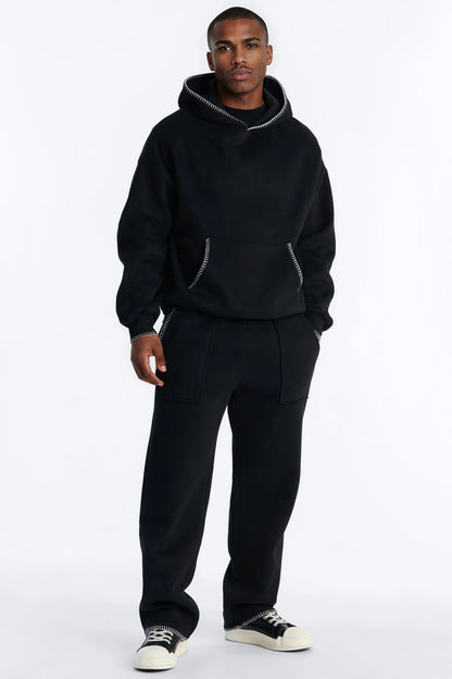 Oversized Contrast Blanket Stitch Hoodie - Black - image 2
