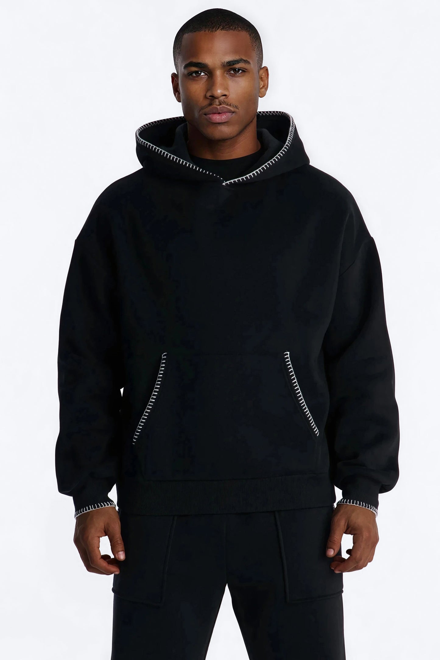 Oversized Contrast Blanket Stitch Hoodie - Black - image 1