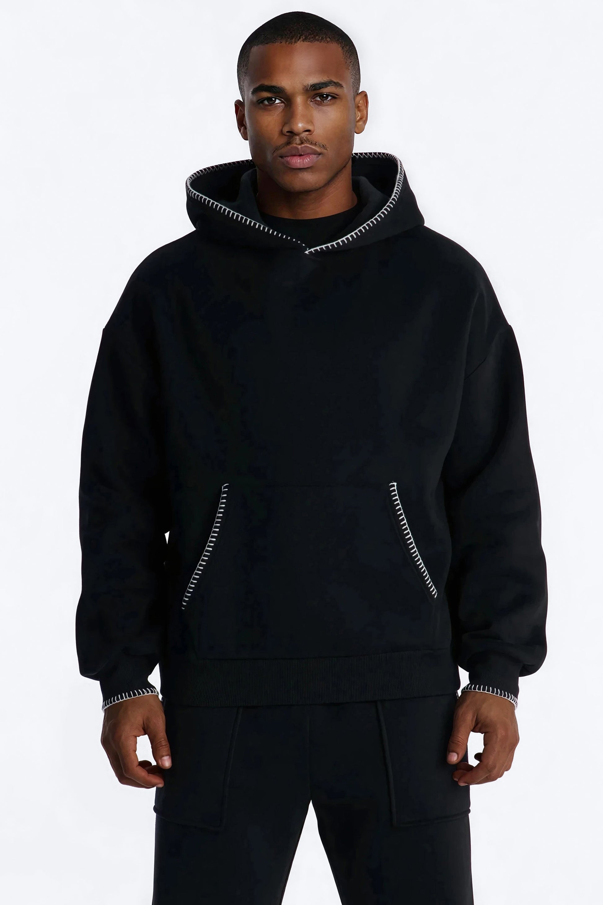 Oversized Contrast Blanket Stitch Hoodie - Black - image 1