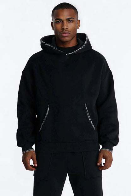 Oversized Contrast Blanket Stitch Hoodie - Black - image 1