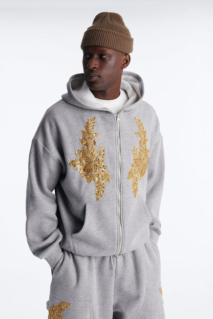 Oversized Rogue Sequin Applique Zip Up Hoodie - Grey - image 1