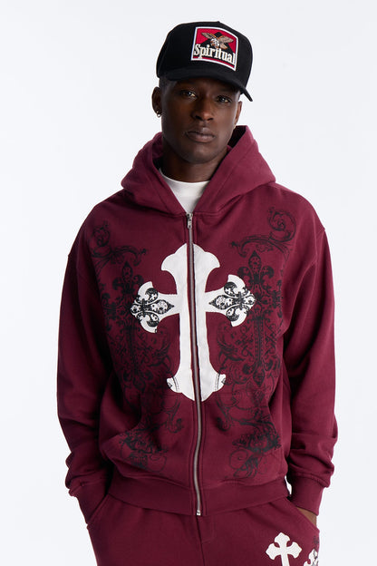 Cross Patch Zip Hoodie - Burgundy - image 1