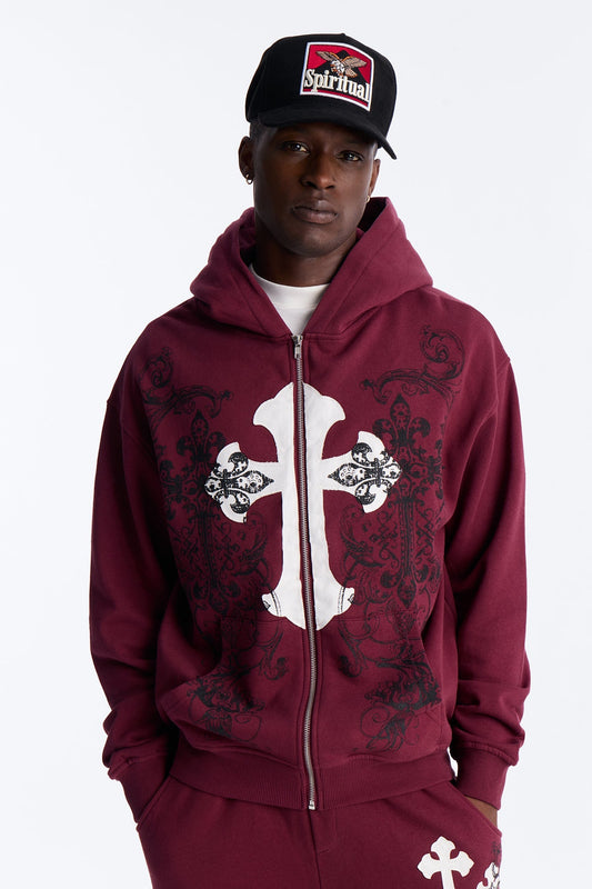 Cross Patch Zip Hoodie - Burgundy - image 1