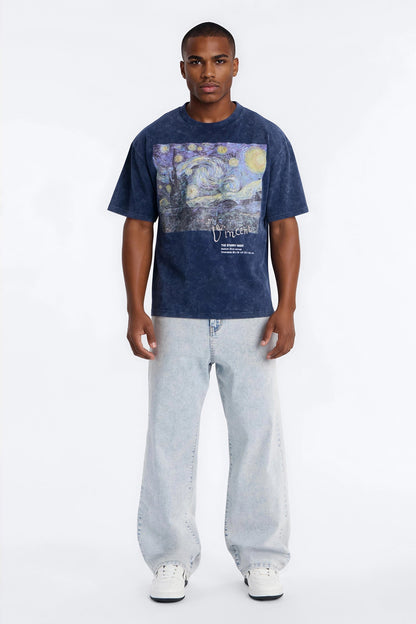 Vincent Van Gogh Starry Night Embroidered Mineral Wash Fleece Tee - Navy - image 2