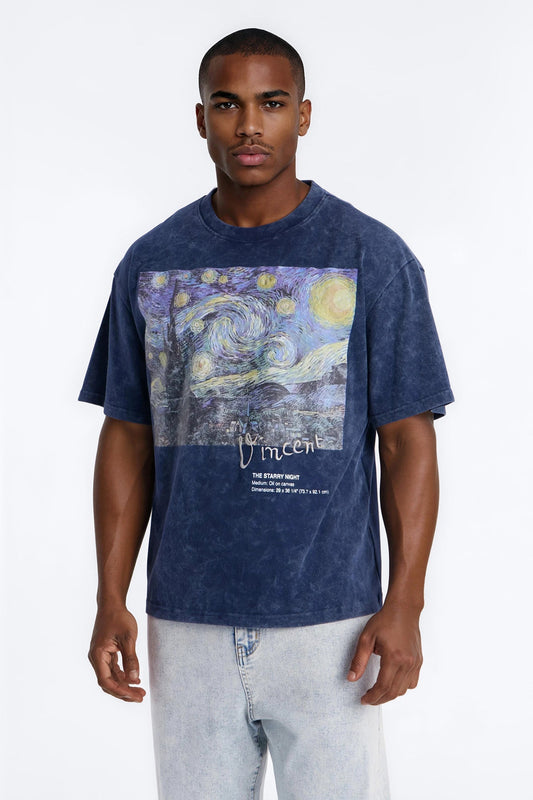 Vincent Van Gogh Starry Night Embroidered Mineral Wash Fleece Tee - Navy - image 1