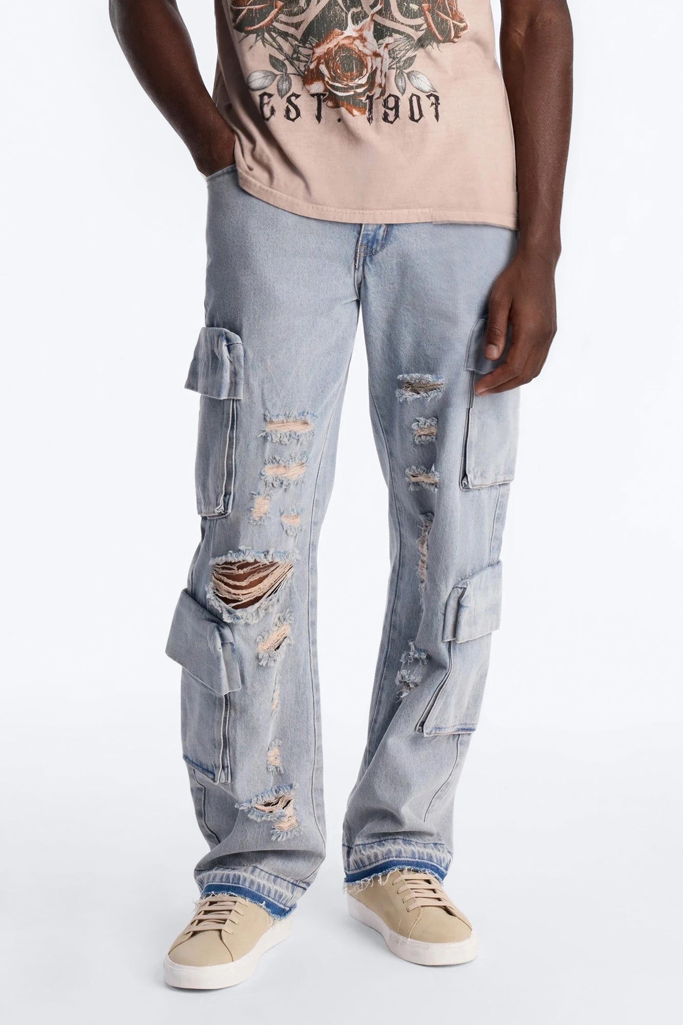 Straight Fractured Cargo Jean - Light Wash - image 1