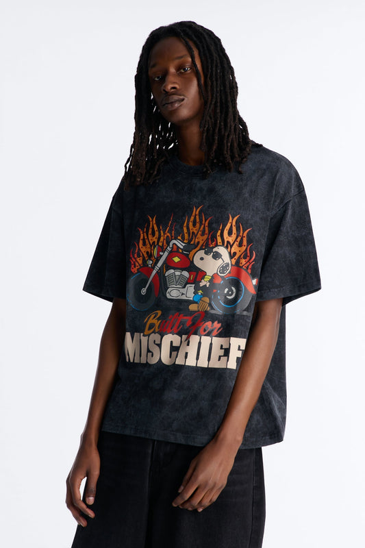 Peanuts Snoopy Mischief Rhinestones Mineral Wash Fleece Tee - Black Wash - image 1