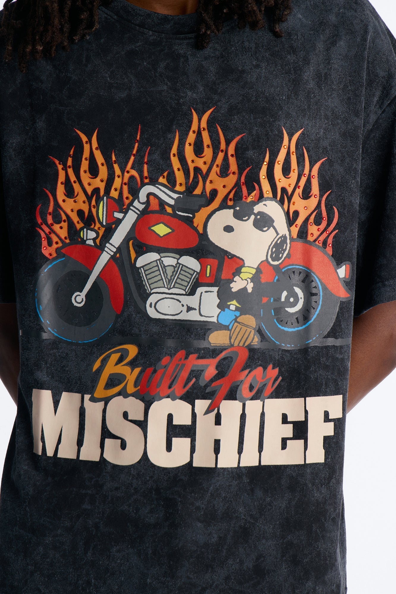 Peanuts Snoopy Mischief Rhinestones Mineral Wash Fleece Tee - Black Wash - image 3