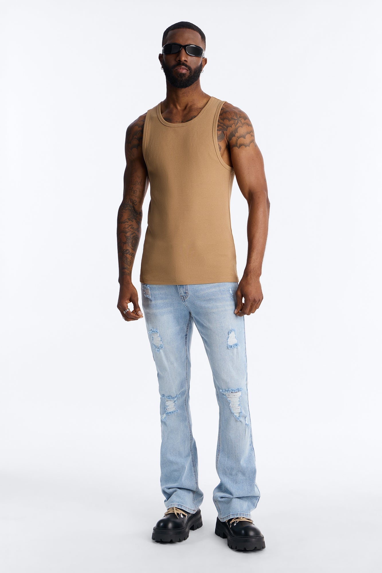 Essential Destroyed Stacked Slim Flare Stretch Jean - Light Blue Wash - image 2