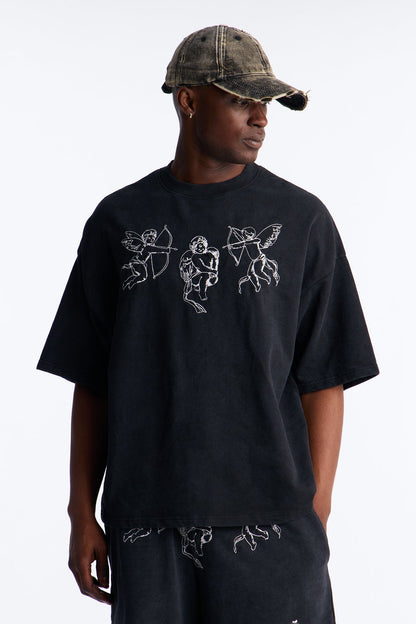 Anti Social Cherub Embroidered Oversized French Terry Tee - Black Wash - image 4