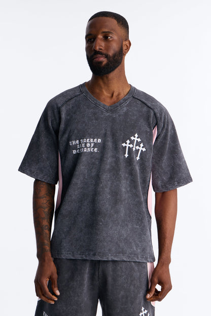 Sacred Embroidery Paneled Fleece Tee - Black - image 1