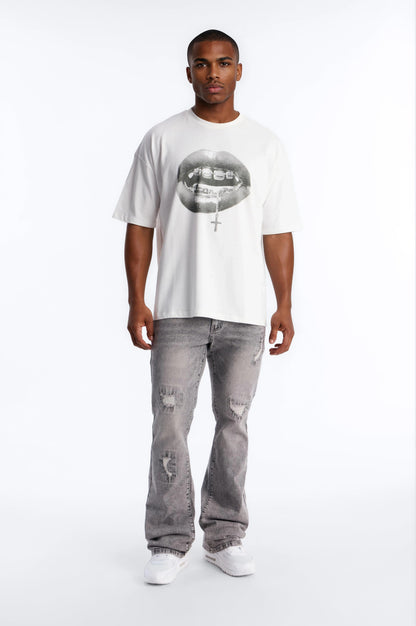 Stacked Skinny Flare Threaded Destroyed Jeans - Grey - image 1