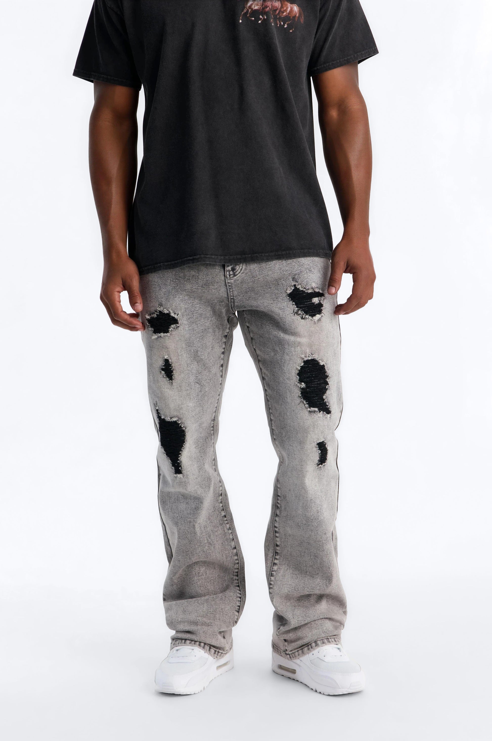 Stacked Skinny Slim Flare Acid Distressed Jeans - Grey - image 1