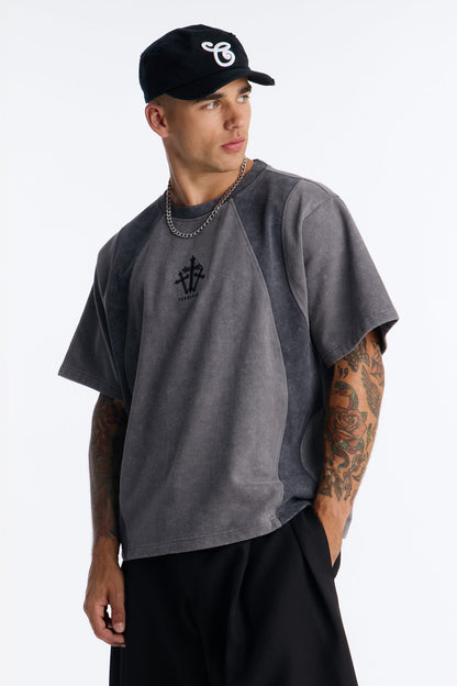Forsaken Embroidery Paneled Fleece Tee - Grey - image 1