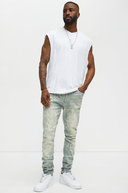 Graffiti Art Stacked Skinny Jeans - Light Wash - image 2