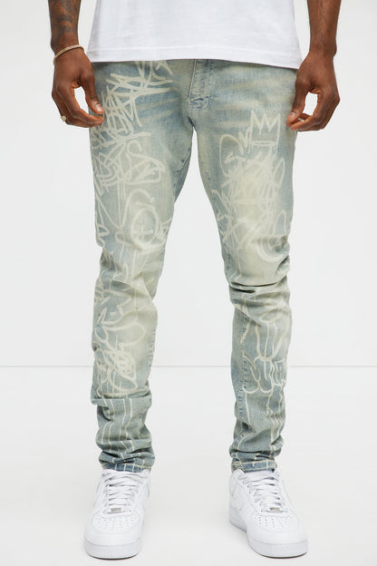 Graffiti Art Stacked Skinny Jeans - Light Wash - image 1