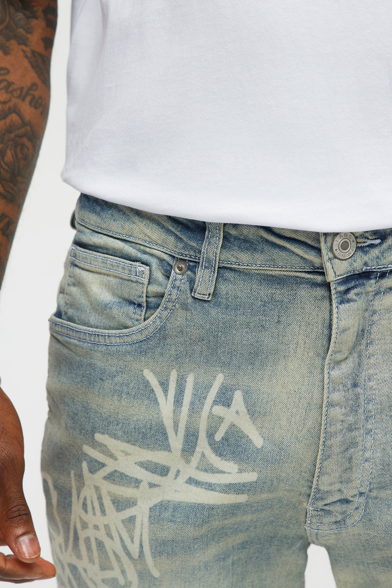 Graffiti Art Stacked Skinny Jeans - Light Wash - image 3