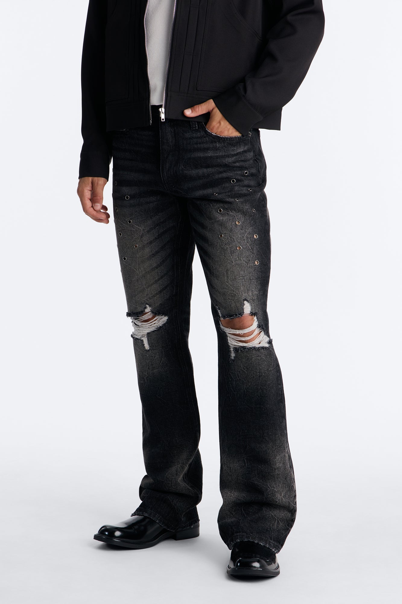 Stacked Slim Flare Looking Out Distressed Grommet Jean - Black Wash - image 1