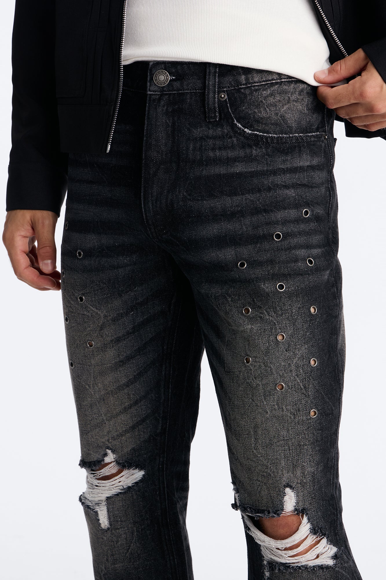 Stacked Slim Flare Looking Out Distressed Grommet Jean - Black Wash - image 3