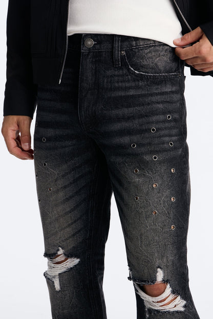 Stacked Slim Flare Looking Out Distressed Grommet Jean - Black Wash - image 3