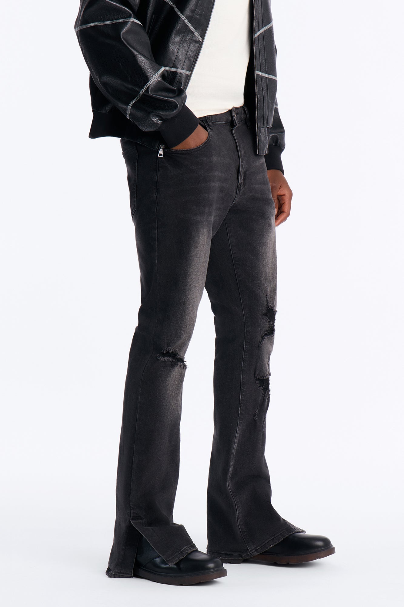 Stacked Skinny Flare Slit Dare Me Distressed Jean - Black Wash - image 1