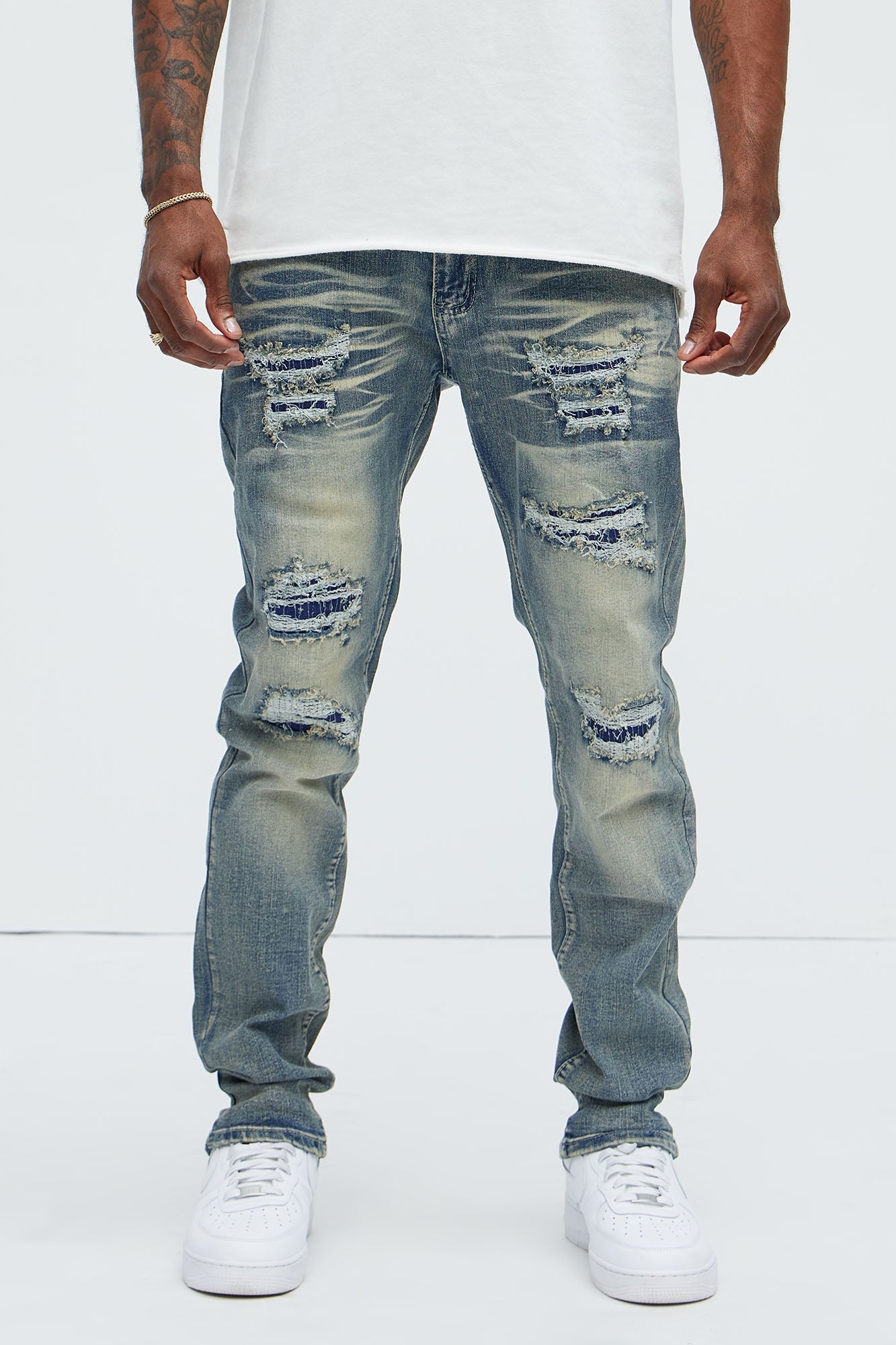 Come My Way Ripped Stacked Skinny Jeans - Dark Wash - image 1