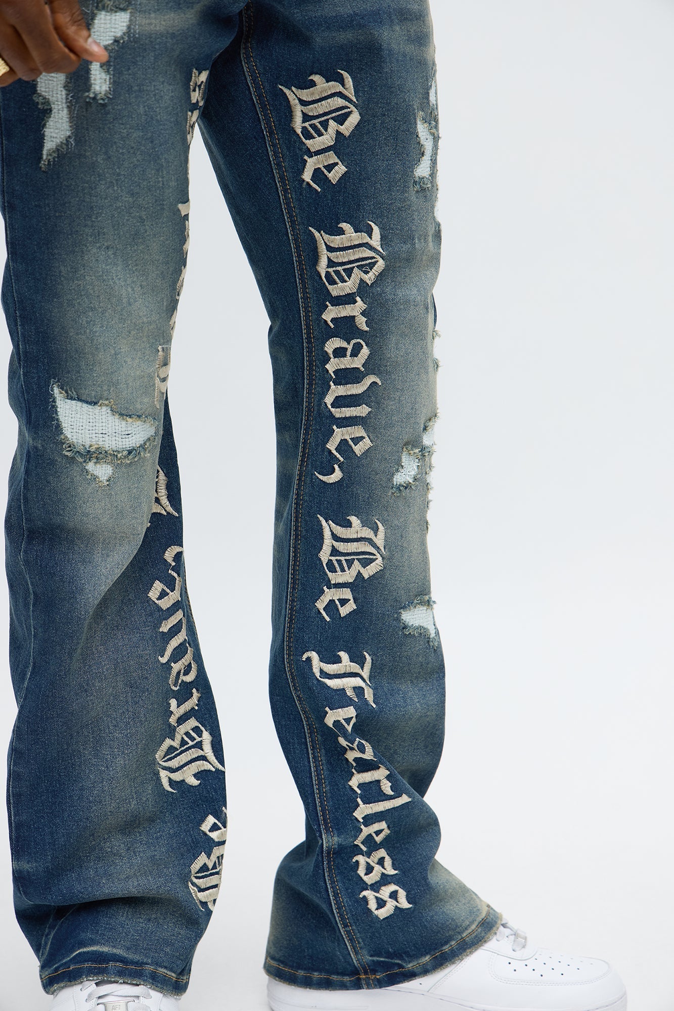 Stacked Skinny Flare Be Brave Be Fearless Embridered Jean - Dark Wash - image 4