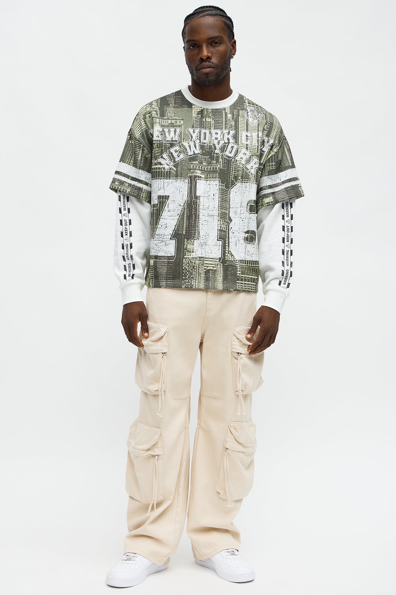 Oversized Concrete Jungle Skylines Long Sleeve Tee - Green/combo - image 2