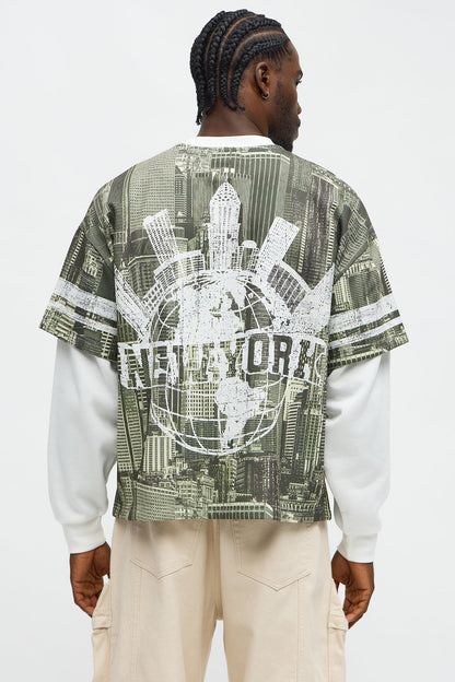Oversized Concrete Jungle Skylines Long Sleeve Tee - Green/combo - image 4