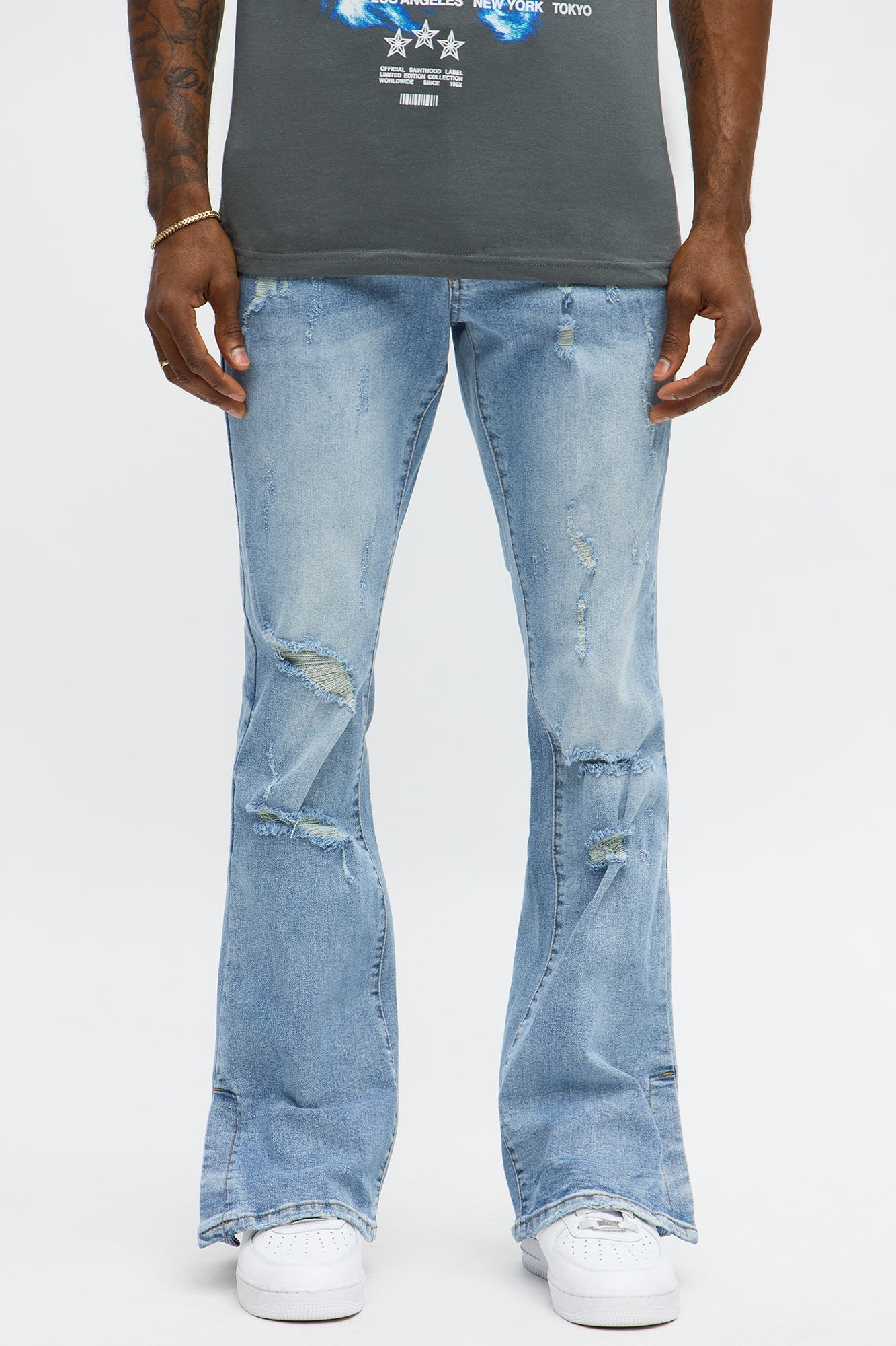Stacked Skinny Flare Slit Rebel Against Distressed Jean - Light Wash - image 1