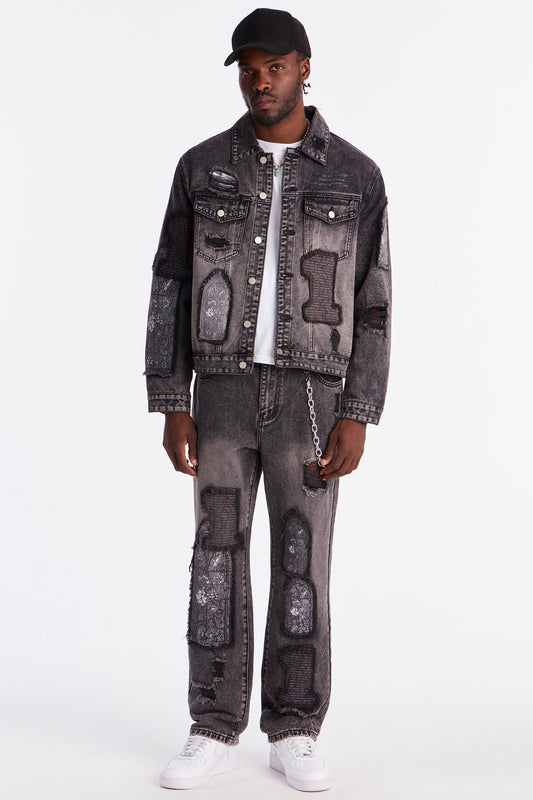 Straight In Due Time Distressed Patch Jean - Black Wash - image 2