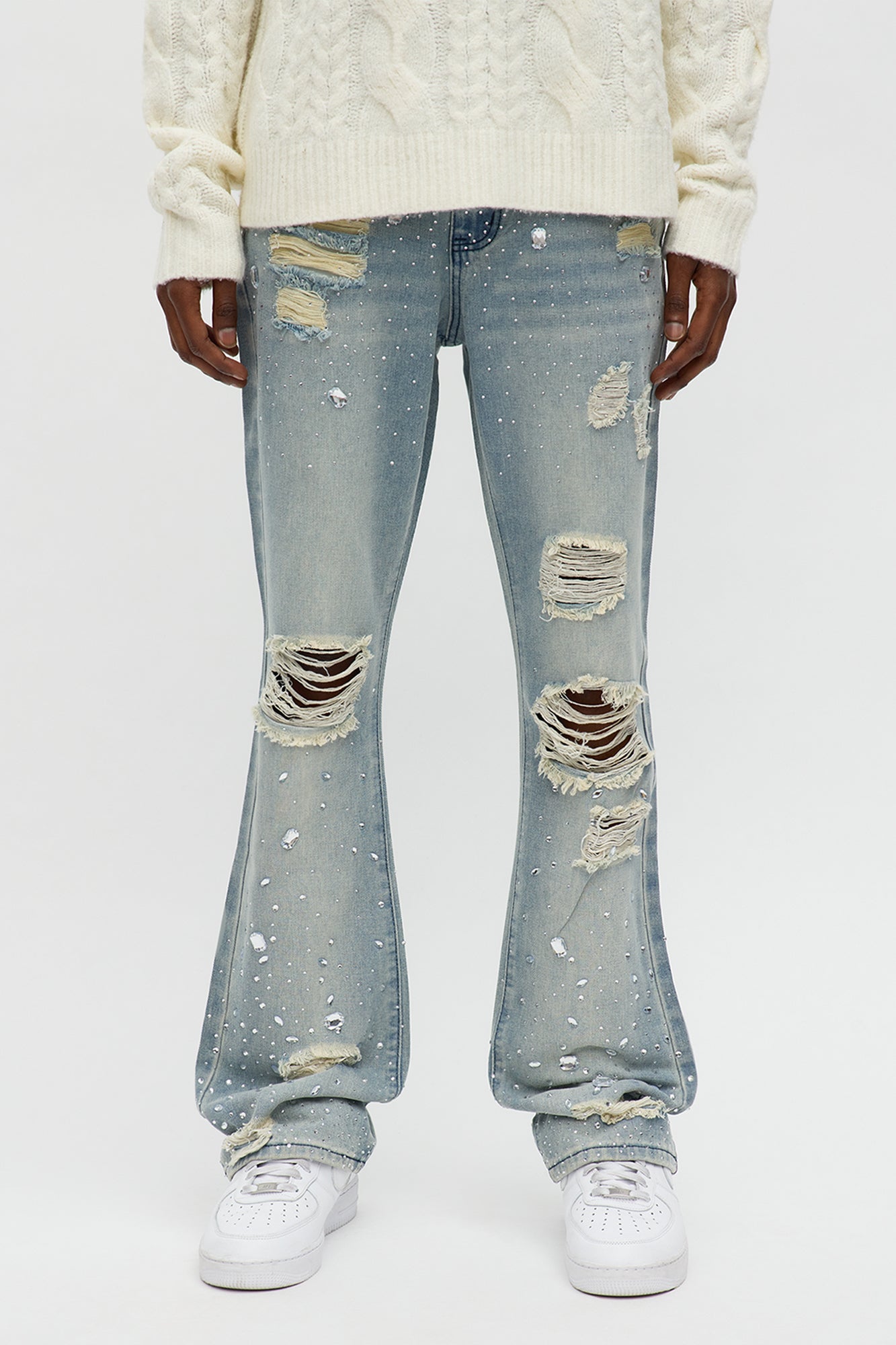 Stacked Skinny Flare Walk Me Through Jeweled Distressed Jean - Medium Blue Wash - image 1