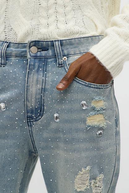 Stacked Skinny Flare Walk Me Through Jeweled Distressed Jean - Medium Blue Wash - image 3