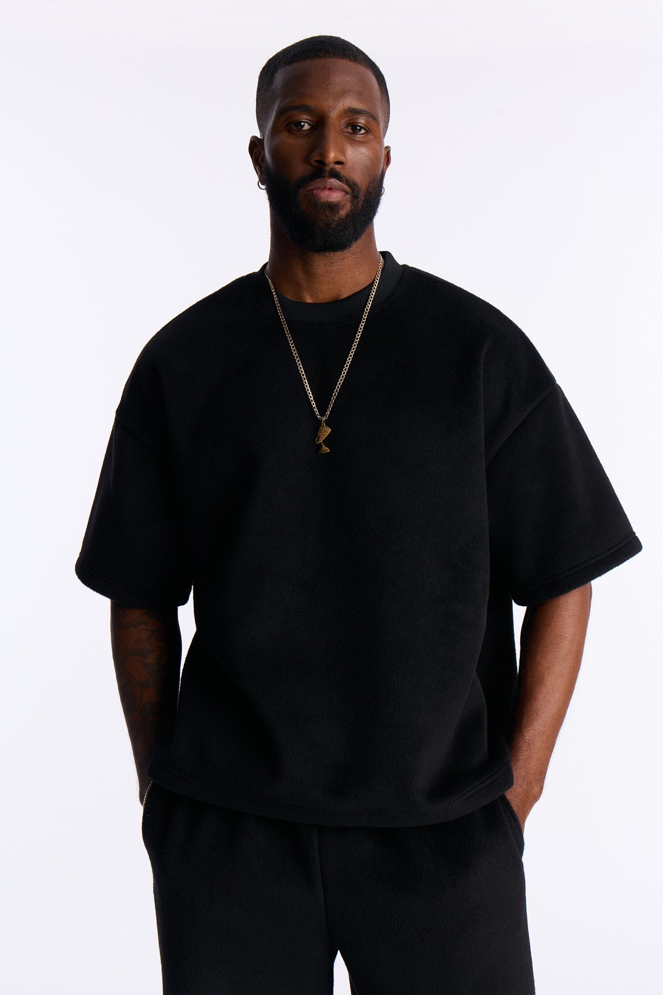 Fuzzy Textured Premium Short Sleeve Sweatshirt - Black - image 1