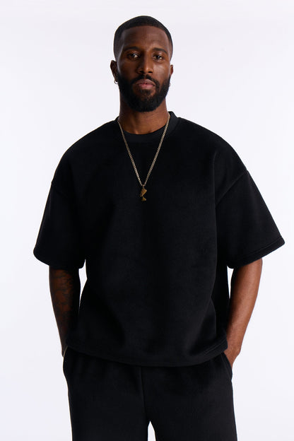 Fuzzy Textured Premium Short Sleeve Sweatshirt - Black - image 1