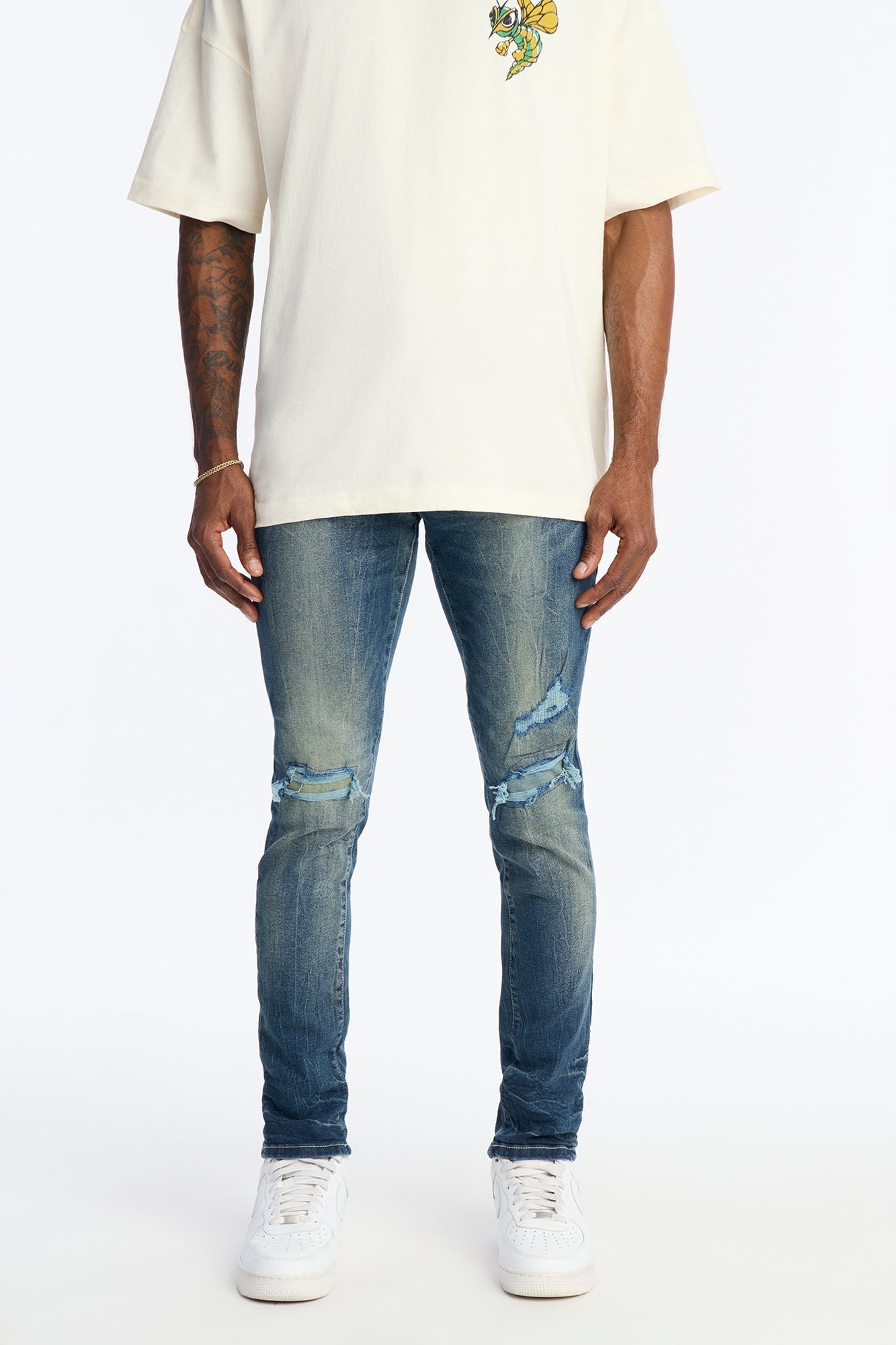 Skinny Distressed Tinted Mode Jeans - Medium Blue Wash - image 1