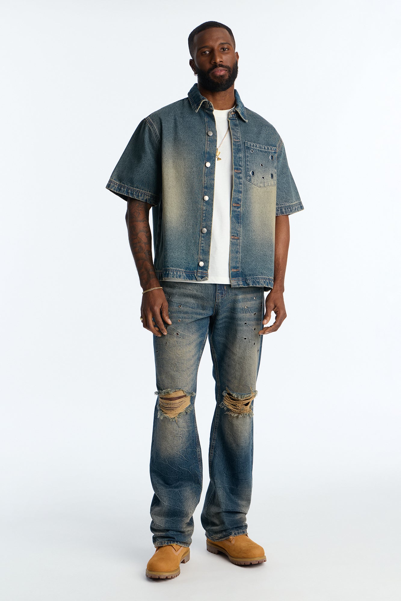 Stacked Slim Flare Looking Out Distressed Grommet Jean - Dark Wash - image 2