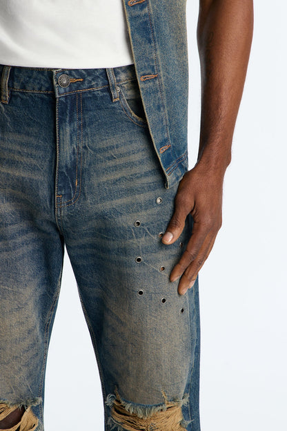 Stacked Slim Flare Looking Out Distressed Grommet Jean - Dark Wash - image 3