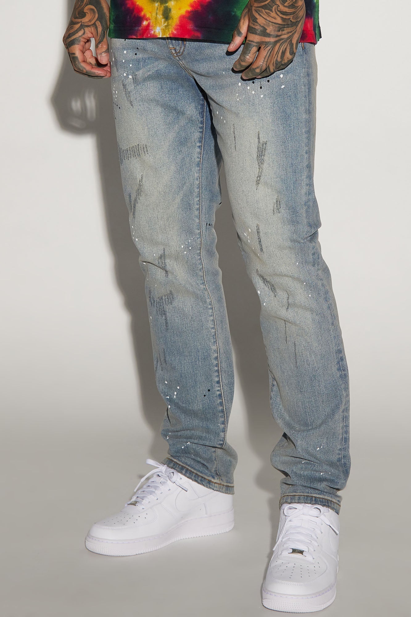 Ripped And Bleach Splatter Slim Jeans - Light Blue Wash - image 2