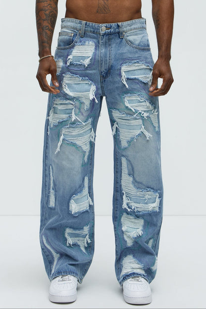 Worn All Over Distressed Baggy Jeans - Light Wash - image 1