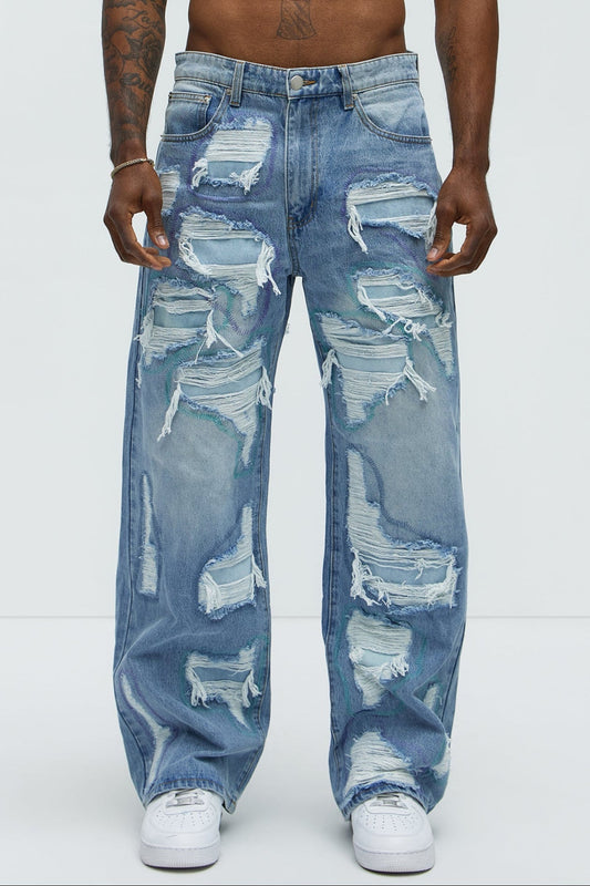 Worn All Over Distressed Baggy Jeans - Light Wash - image 1